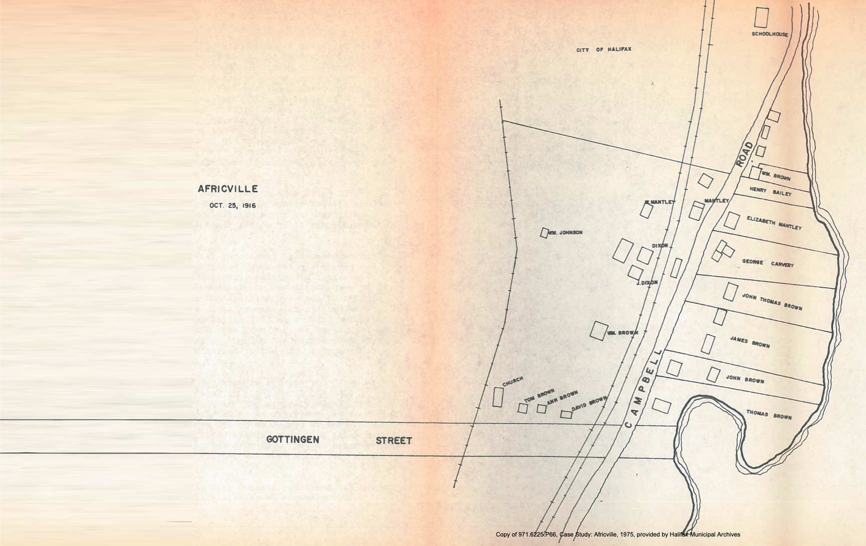 Before: A map of Africville by land ownership and properties, comparing 1878 and 1916 (Porter, 6).